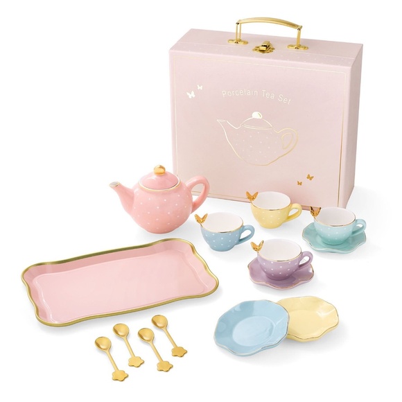 Girls Pastels  with Poka  Dots and Golden Butterfly  Porcelain Tea Set NIB - Picture 2 of 16